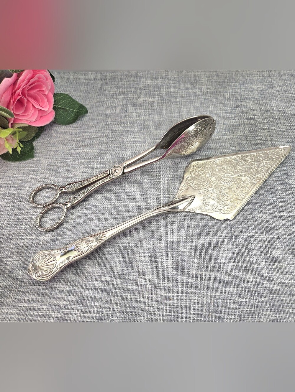 Vtg Ornate Silverplate Dessert Serving Set Cake Pie Server Scissor Pastry Tongs